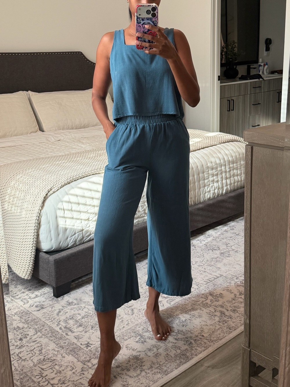 Cropped Wide-Leg Lounge Jumpsuit in Teal